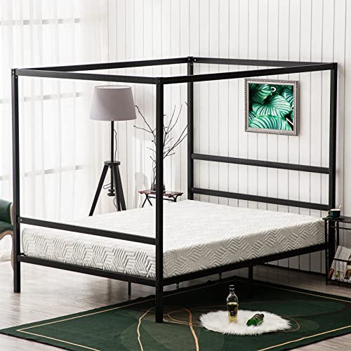 Bonnlo Canopy Bed Frame Queen Platform Bed Frame 4 Poster Bed, Heavy Duty Steel Slat, No Box Spring Needed, Black - Queen - Black