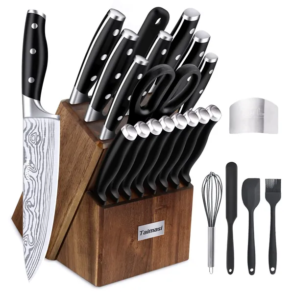 Knife set, 23 Pcs Kitchen Knife Set with Block & Sharpener Rod, High Carbon Stainless Steel Chef knife set, Ultra Sharp, Full-Tang Design - 