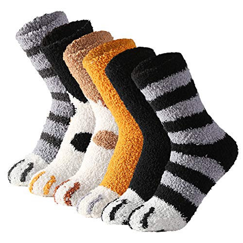 Tosewever 6 Pairs Cute Cat Paw Socks Women Winter Fuzzy Cozy Plush Slipper Socks - Medium - 6 Pairs Cute Cat Paw