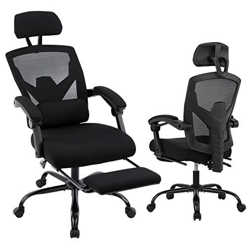Ergonomic Office Chair, Reclining High Back Mesh Chair, Computer Desk Chair, Swivel Rolling Home Task Chair with Lumbar Support Pillow, Adjustable Headrest, Retractable Footrest and Padded Armrests - Black