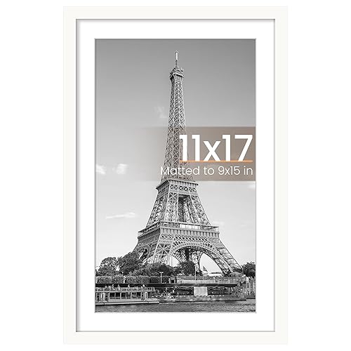 upsimples 11x17 Picture Frame, Display Pictures 9x15 with Mat or 11 x 17 Without, Wall Hanging Poster Frames, White, 1 Pack - White - 11x17