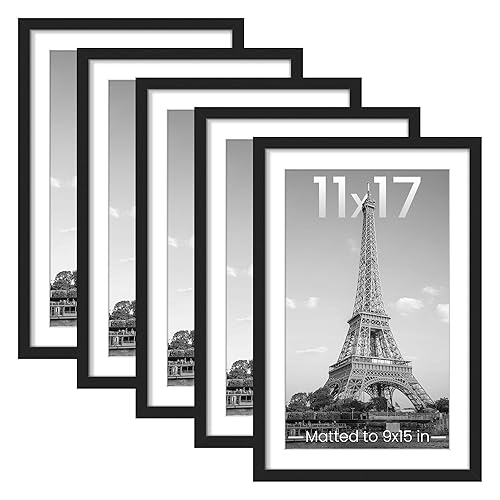 upsimples 11x17 Picture Frame Set of 5, Display Pictures 9x15 with Mat or 11 x 17 Without, Wall Gallery Poster Frames, Black - Black - 11x17