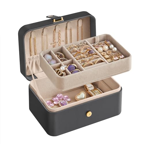 SONGMICS Jewelry Box, Travel Jewelry Case, 2-Layer Jewelry Holder Organizer, 4.6 x 6.3 x 3 Inches, Portable, Versatile Earring Storage, for Larger Accessories, Gift Idea, Slate Gray UJBC166G01 - Slate Gray - 2-Layer with Large Capacity