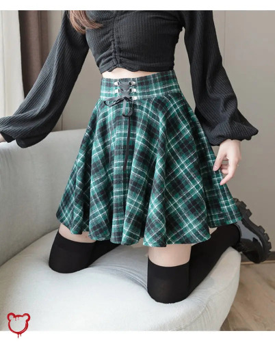 Lace-Up Plaid Skirt—Runaway Style - Green / XXL