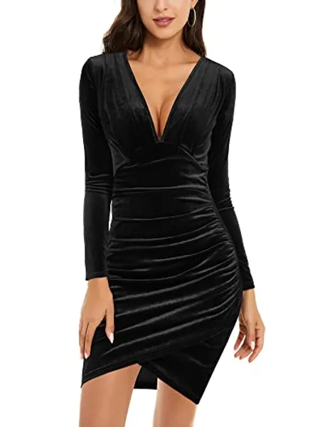 HUHOT Womens Sexy Deep V Neck Long Sleeve Hide Tummy Velvet Bodycon Ruched Mini Party Cocktail Dress
