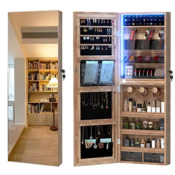 LVSOMT Hanging Mirror Jewelry Cabinet with LED Lights, Wall Mount Full Length Mirror Jewelry Cabinet, Lockable Jewelry Armoire with Mirror, Mirror with Jewelry Storage for Necklaces, Cosmetic, Brown