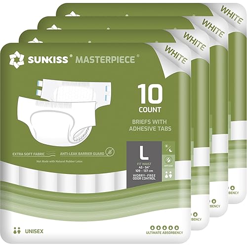 SUNKISS Masterpiece Adult Diapers with Tabs, Unisex Disposable Incontinence Briefs for Women and Men, Odor Control, White, Large, 40 Count (4 Packs of 10) - Large - White (Case of 40)