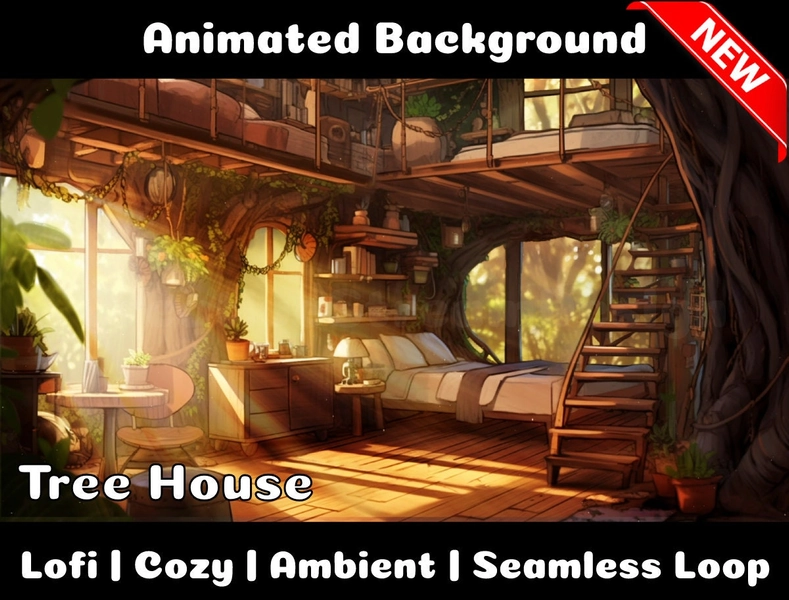 ANIMATED BACKGROUND | Cozy Tree House | Lofi Cozy Ambience Looped Vtuber Twitch Stream Overlay Background