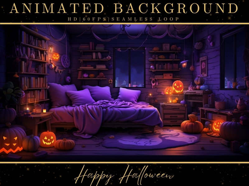 Vtuber Animated Background, Cozy Lofi Ambience Halloween Bedroom, Blue Twitch Fantasy Stream Overlay, Vtuber Seamless Looped Background