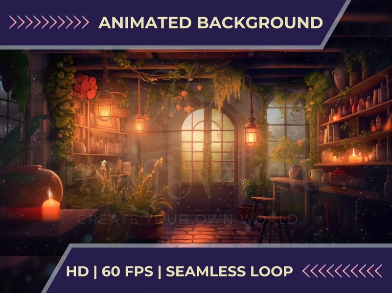 Vtuber Animated Background for Twitch, Cozy Herbalist Cottage Ambience, Zoom Fantasy Lofi Stream Overlay Scene, Looped Vtuber Background