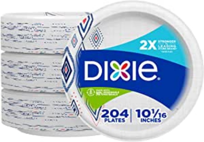 Dixie 10 Inch Paper Plates, Dinner Size Printed Disposable Plate, 204 Count (3 Packs of 68 Plates)