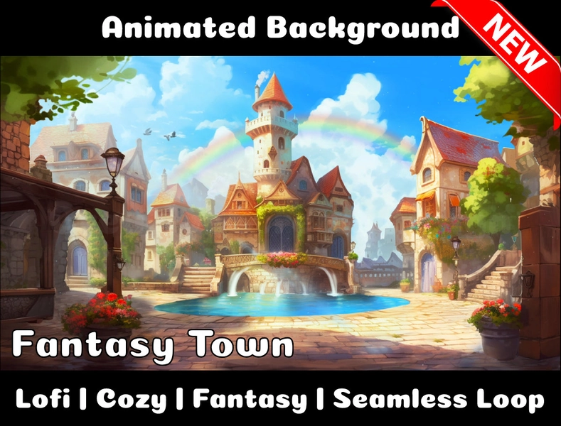 ANIMATED BACKGROUND | Fantasy Town | Lofi Cozy Fantasy Looped Vtuber Twitch Stream Overlay Background