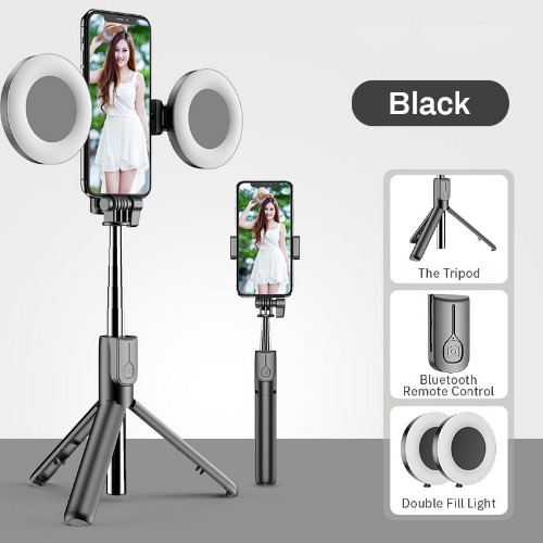 4in1 Wireless Bluetooth Compatible Selfie Stick LED Ring Light - Black with Light
