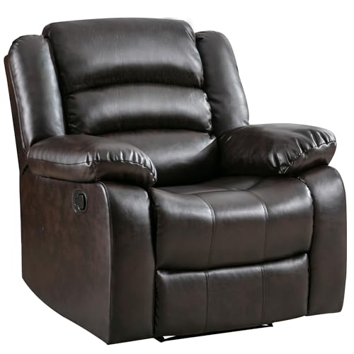 ANJ Manual Recliner Chair, Breathable Faux Leather Reclining Chairs with Overstuffed Arm and Back, Living Room Single Sofa Recliners (Dark Brown) - Dark Brown