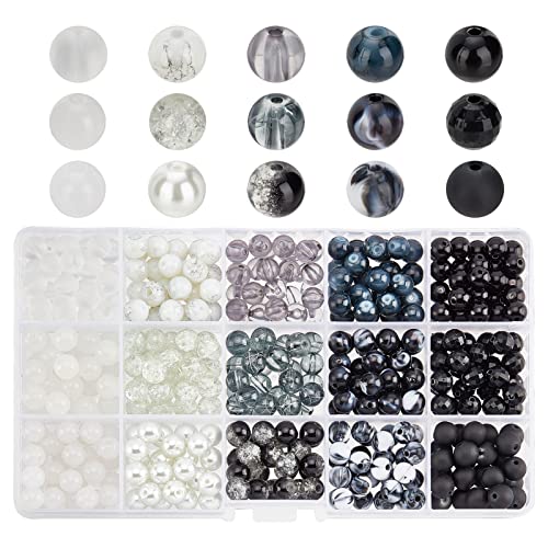 PH PandaHall 405pcs 8mm Marble Color Glass Beads, 15 Colors Black White Bracelet Beads Opaque Acrylic Beads Loose Beads Spacers for Halloween Ramadan Earring Necklace Bracelet Jewelry Making - Black White