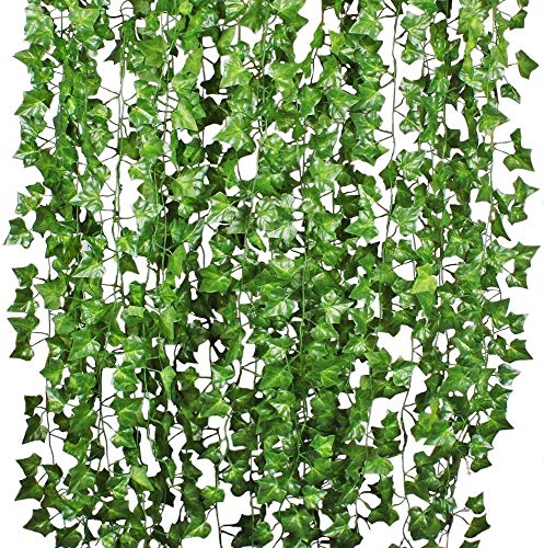DearHouse 84 Feet 12 Strands Artificial Ivy Leaf Plants Vine Hanging Garland Fake Foliage Flowers Home Kitchen Garden Office Wedding Wall Decor, Green - Green