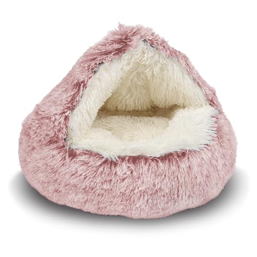 ShinHye Cat Bed Round Plush Fluffy Hooded Cat Bed Cave, Cozy for Indoor Cats or Small Dog beds, Soothing Pet Beds Doughnut Calm Anti-nxiety Dog Bed - Waterproof Bottom Washable, (23×23inch, Pink) - 23×23inch - pink