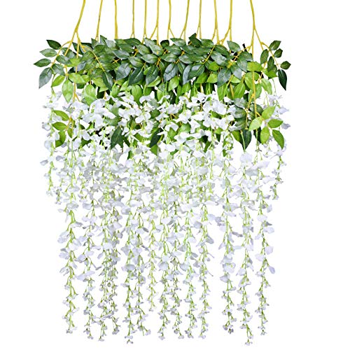 DearHouse 12Pack 3.6 Feet/Piece Artificial Wisteria Vine Garland Hanging Wisteria Garland Silk Flowers String for Home Party Garden Wedding Decor (White) - White