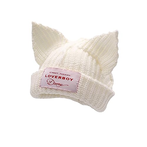 Cat Ear Hat Cute Beanie Hat Knit Skull Cap Warm Slouchy Crochet Hat - Medium-Large - White
