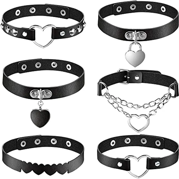 6 Pieces Heart Shaped Theme Leather Choker Punk Goth Choker Adjustable PU Leather Collar Set (Black)