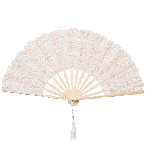 BABEYOND Cotton Lace Folding Handheld Fan Embroidered Bridal Hand Fan with Bamboo Staves for Wedding Decoration Dancing Party (Beige) - Beige
