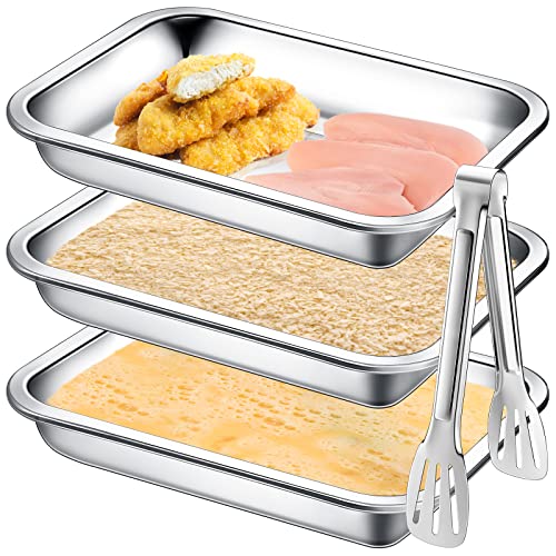 Breading Trays Set of 3 Large 10.4 x 7.7 x 1.9 Inch Stainless Steel Breading Pans with Tong for Dredging Chicken Breasts and Marinating Meat, Food Prep Trays for Breadcrum Dishes, Schnitzel - 10.63 x 7.87 x 1.9 Inches