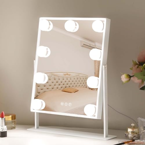 Leishe Vanity Mirror with Lights Hollywood Lighted Makeup Mirror with 9 Dimmable Bulbs & 3 Color Lighting Modes, Detachable 10X Magnification Mirror and 360 Degree Rotation(White) - A-vanity Mirror With 9 Blubs