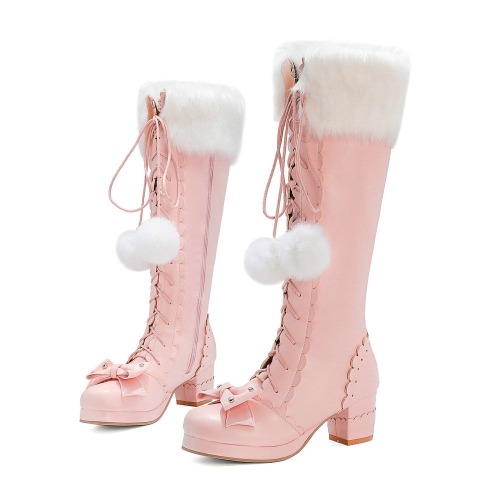 Bow Fur Knee High Boots - Pink / 11