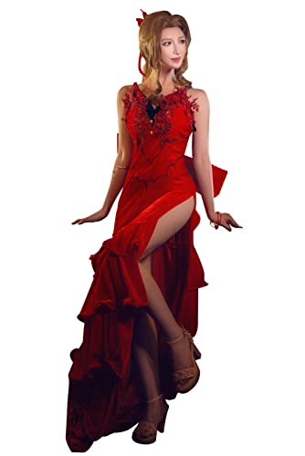 Women Final Fantasy 7 Remake Aerith Cosplay Costume FF7 Adult Halloween Deluxe Red Party Dress - Large Red