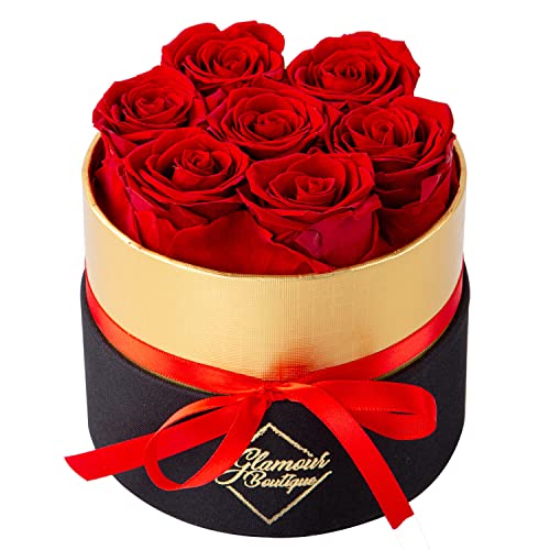 GLAMOUR BOUTIQUE Forever Flowers Round Box - 7-Piece Preserved Roses That Last a Year for Delivery - Red - Pack of 7
