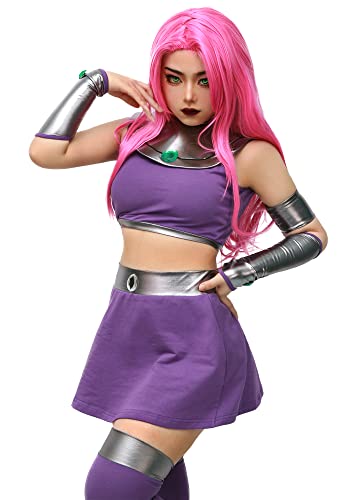 C-ZOFEK US Size Princess Koriand'r Cosplay Costume Halloween Purple Outfit with Stockings (Large) - Large