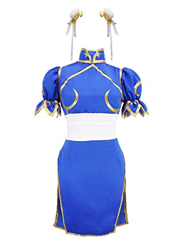 DAZCOS Women's US Size Game Fighter Cosplay Costume Blue Cheongsam with Hair Accessories and Waistband Halloween Costume - X-Large