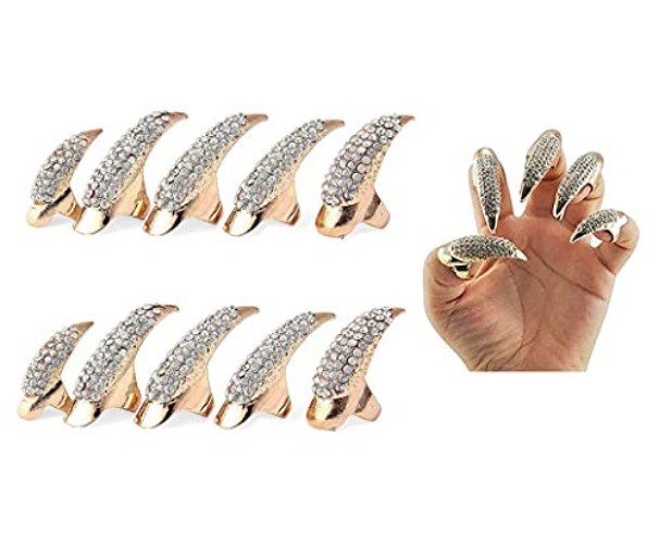 10 PCS Halloween Costume Claws Fake Nails Ring Set, Bestga® Gothic Punk 3 Sizes Crystal Full Finger Rings Paved Paw Bend Fingertip Fingernail Claw Girls Women Men Ring False Easy Long Nails Golden - Golden