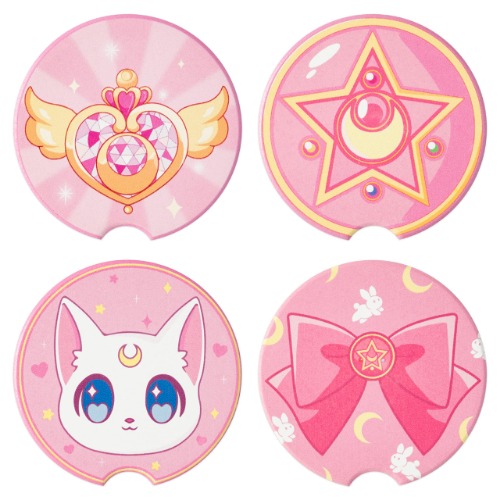 4Pcs Anime Moon Cat Car Coasters with Finger Notch Aesthetic Moon Cat Shaped Absorbent Ceramics Heat Resistant Anti Slip Cork Base Car Drinks Coasters Auto Accessories for College Back to School Gifts