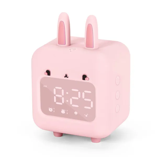 Kids Alarm Clock, Digital Alarm Clock for Kids, Cute Bunny Alarm Clock for Girls, White Noise Alarm Clock, Night Light with USB Children's Alarm Clock for Girls Bedroom (Pink)