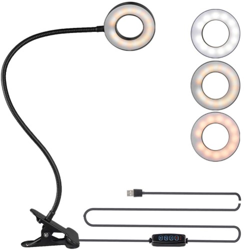 Bekada LED Desk Light with Clamp for Video Conference Lighting, Clip on LED Ring Light for Computer Webcam, USB Laptop Light for Zoom Meetings, Reading Light with 3 Color 10 Dimming Level - Black