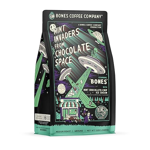 Bones Coffee Company Mint Invaders Ground Coffee Beans, Mint Chocolate Chip Flavor, Low Acid Flavored Coffee, Made with Arabica Coffee Beans, Medium Roast Gourmet Coffee (12 oz) - Mint Invaders (Ground)