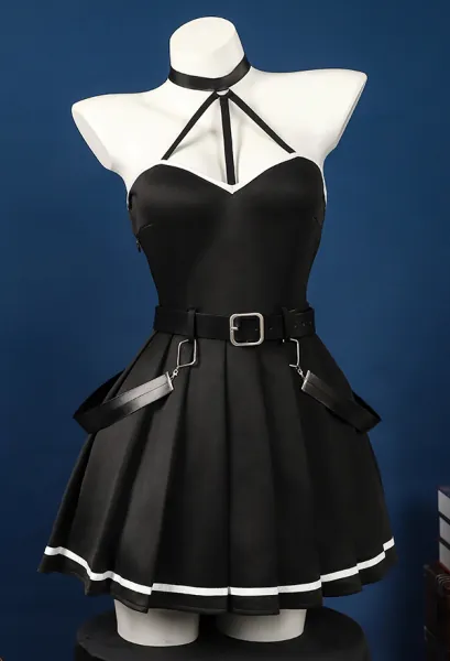 Frieren: Beyond Journey's End Übel Cosplay Costume Black Halter Dress and Armbands with Leg Garter and Ankle Socks