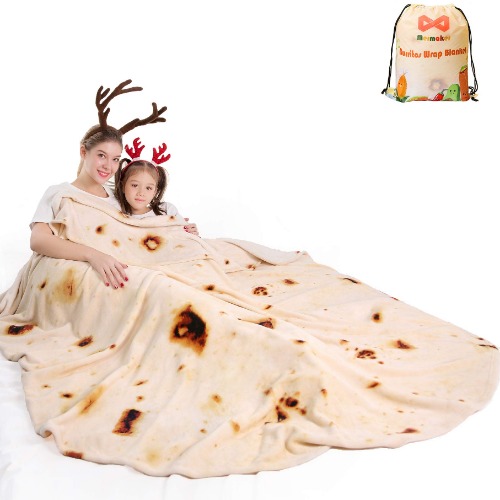 mermaker Burritos Tortillas Blanket 2.0 Double Sided 71 inches for Adult and Kids, Giant Funny Realistic Food Throw Blankets, 285 GSM Novelty Soft Flannel Taco Blanket (Yellow Blanket-Double Sided)