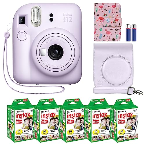 Fujifilm Instax Mini 12 Instant Camera Lilac Purple + MiniMate Accessory Bundle & Compatible Custom Case + Fuji Instax Film Value Pack (50 Sheets) Flamingo Designer Photo Album - Lilac Purple