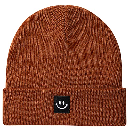 MaxNova Knit Beanie Hat with Smile Face for Men/Women - One Size - Caramel