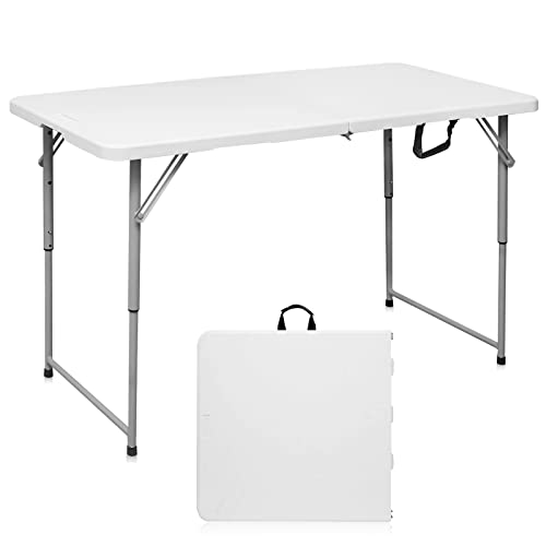 Byliable Folding Table 4 Foot Portable Heavy Duty Plastic Fold-in-Half Utility Foldable Table Small Indoor Outdoor Adjustable Height Folding Table with Carrying Handle, Camping and Party - White - 4FT