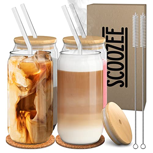 Glass Cups with Lids and Straws, Set of 4 18 oz | Iced Coffee Cup with Bamboo Lid and Glass Straw | Cute Aesthetic Ice Coffee Glasses Drinking Set for Home Essentials, Housewarming Gift
