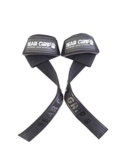 BEAR GRIP Straps - Premium Neoprene padded Heavy Duty double stitched weight lifting gym straps, Gel grip, 100% cotton, Extra long length - Black