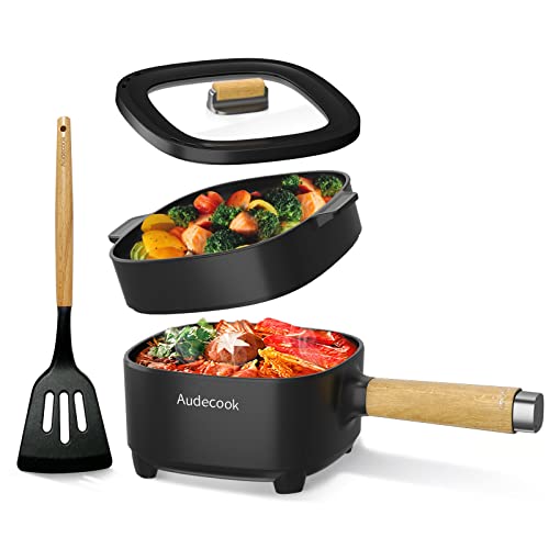 Audecook Hot Pot Electric with Steamer 2L, Cermic Glaze Non-Stick Frying Pan 8 Inch, Portable Travel Cooker for Ramen/Steak/Fried Rice/Oatmeal/Soup, with Dual Power Control (Silicone Spatula Included) - 2L(with Steamer) - Black 1