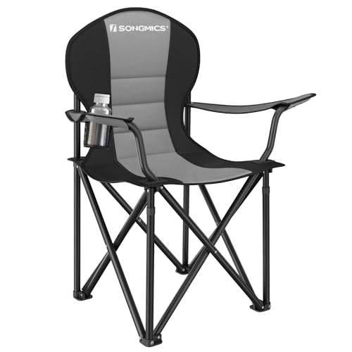 SONGMICS Folding Camping Chair, with Comfortable Sponge Seat, Cup Holder, Heavy Duty Structure, Max Load Capacity 551 lb, Outdoor Picnic Chair - 1 - Grey + Black