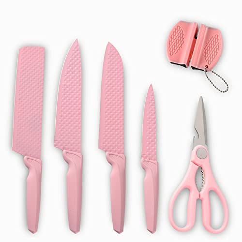 CHUYIREN Kitchen Knife Set, Pink Knife Set, High Carbon Stainless Steel Nonstick Coating Chef Knife Set with Scissor and Sharpener for Women Girls (6PCS, Gift Box) - Set of 6 - Pink