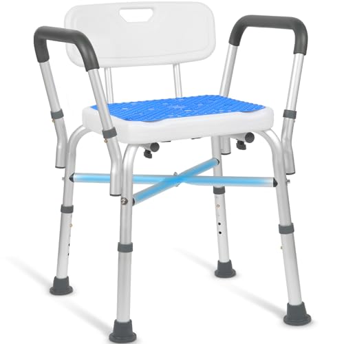 Adjustable Shower Chair with Arms and Back, Heavy Duty Shower Chair for Inside Shower with Double Crossbars, Safety Bars & Rust-Proof Shower Benches for Elderly and Disabled, Anti-Slip Mat Included - Off-white/Dark Gray