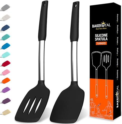 BakeRoyal Silicone Spatula Set - Turner Spatulas Silicone Heat Resistant 600°F - Slotted & Solid Silicone Spatulas for Cooking Fish, Eggs, Pancakes Flipper – Silicone Cooking Utensils Set – Black - Black