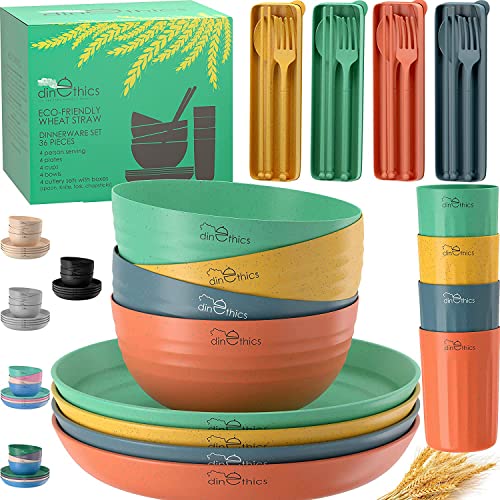 DINETHICS Wheat Straw Dinnerware Sets For 4 (36pc) Unbreakable n Microwave Safe - Plates and Bowls Camping Cups Set RV Dishes for - Multicolor